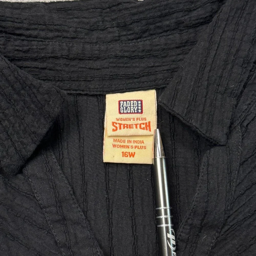 Faded Glory Womens Black Pearl Snap Blouse 3/4 Sleeve Stretch Plus Size 16W - Picture 7 of 13